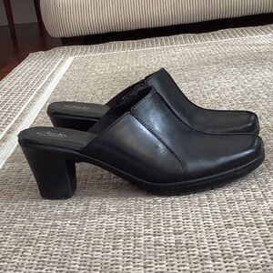 Clark slip on leather shoes, size 9.5, black, 2.5” heels